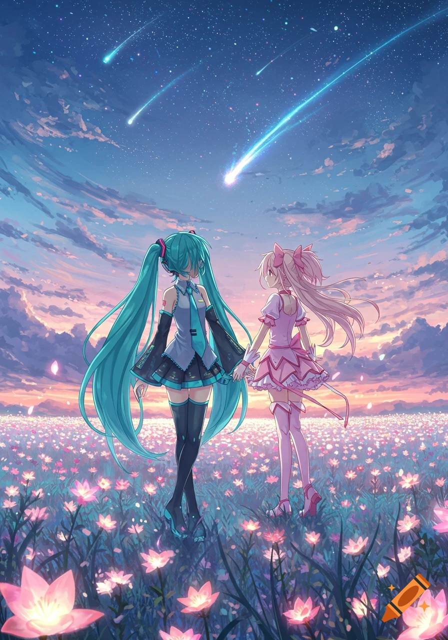 Anime illustration of Hatsune Miku and Madoka Kaname holding hands in a glowing flower field under a starry sunset sky with shooting stars.