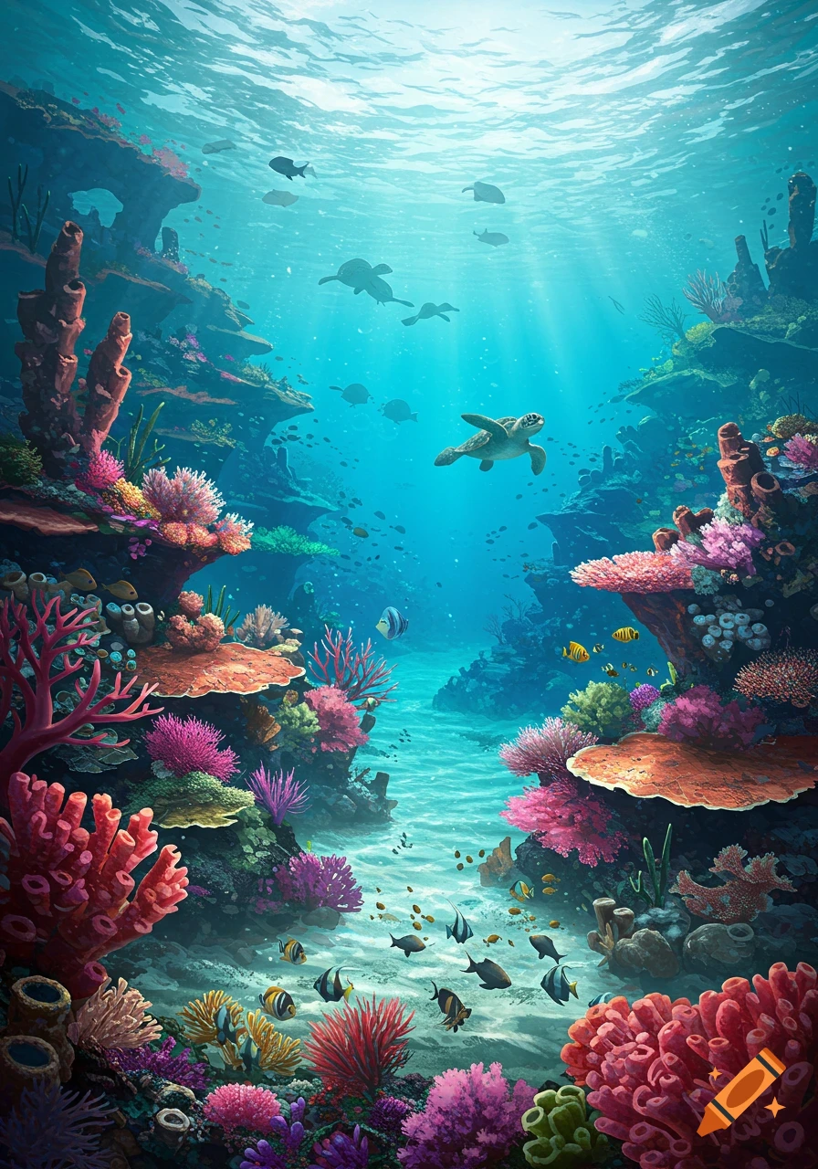 Vibrant underwater coral reef teeming with colorful fish and sea turtles, bathed in sunlit blue water.