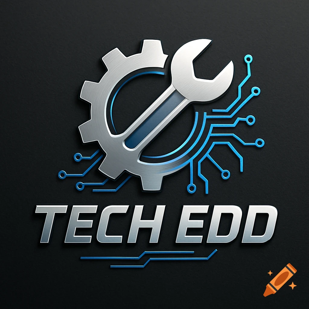 A silver gear and wrench logo with blue circuit lines, and the text 'TECH EDD' on a dark background.