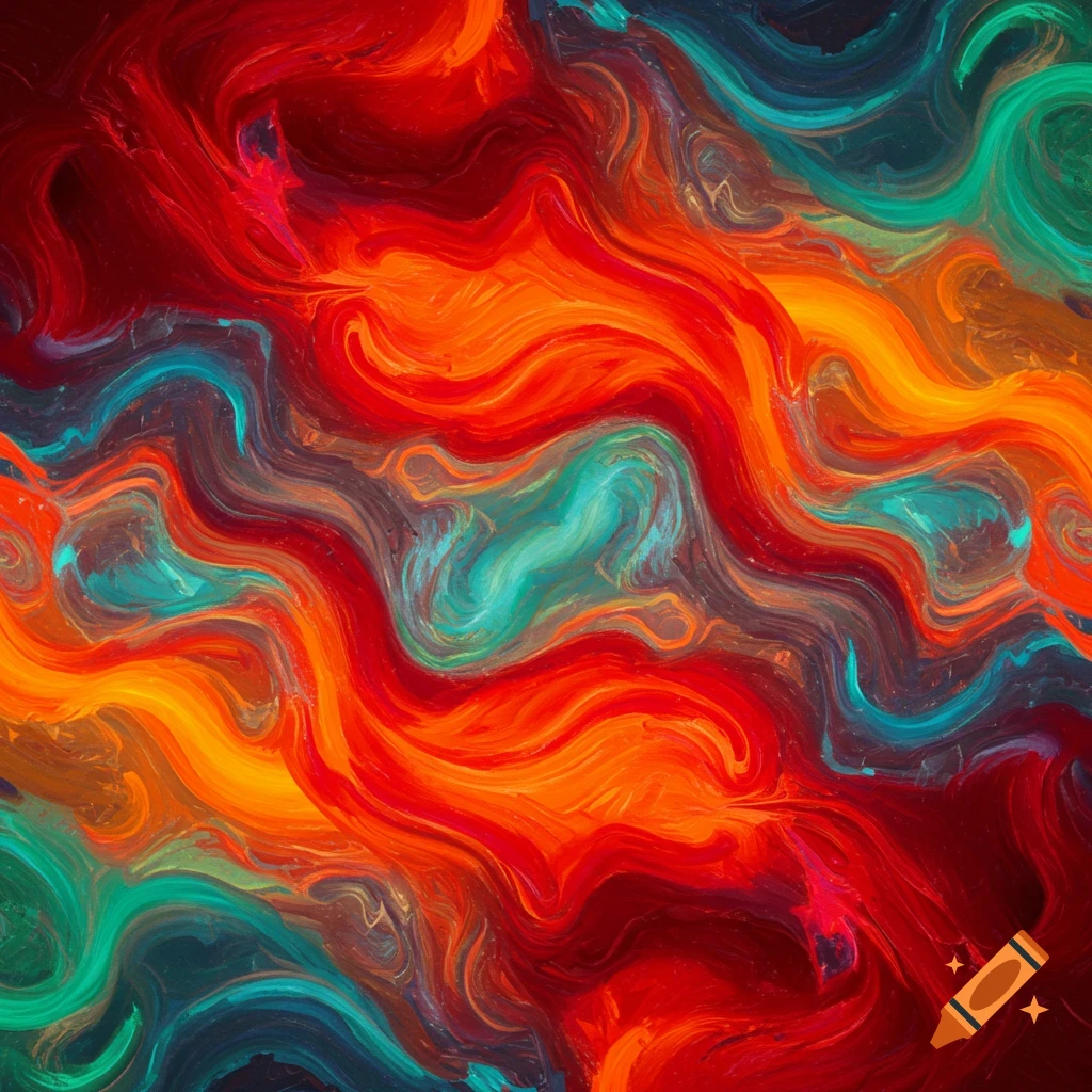 An abstract painting of swirling, intertwining waves of vibrant red, orange, and teal colors.