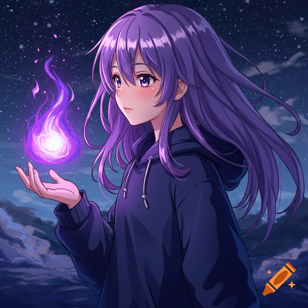 Anime girl with long purple hair in a navy blue hoodie holding a glowing purple flame under a starry night.