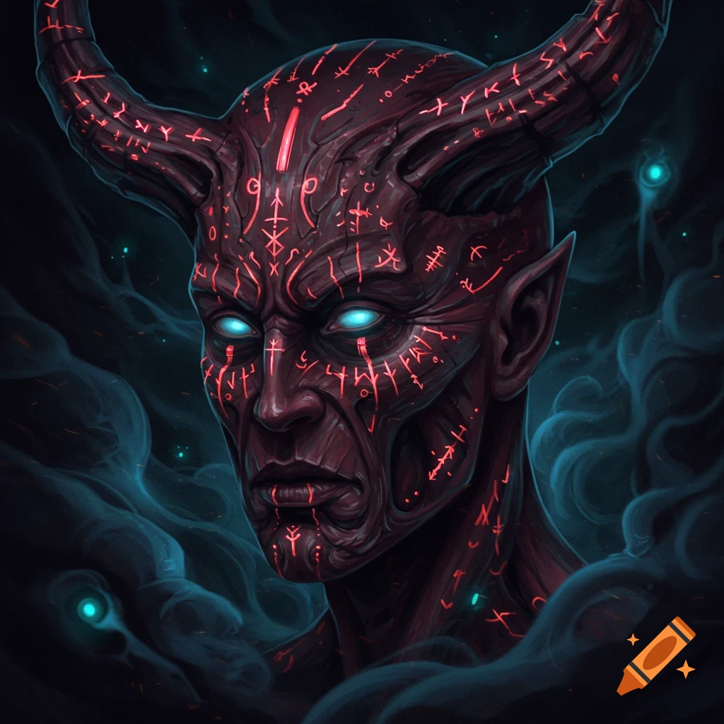 A close-up of a demonic head with red skin, large horns, glowing blue eyes, and glowing red runes etched into its skin, surrounded by dark smoke.