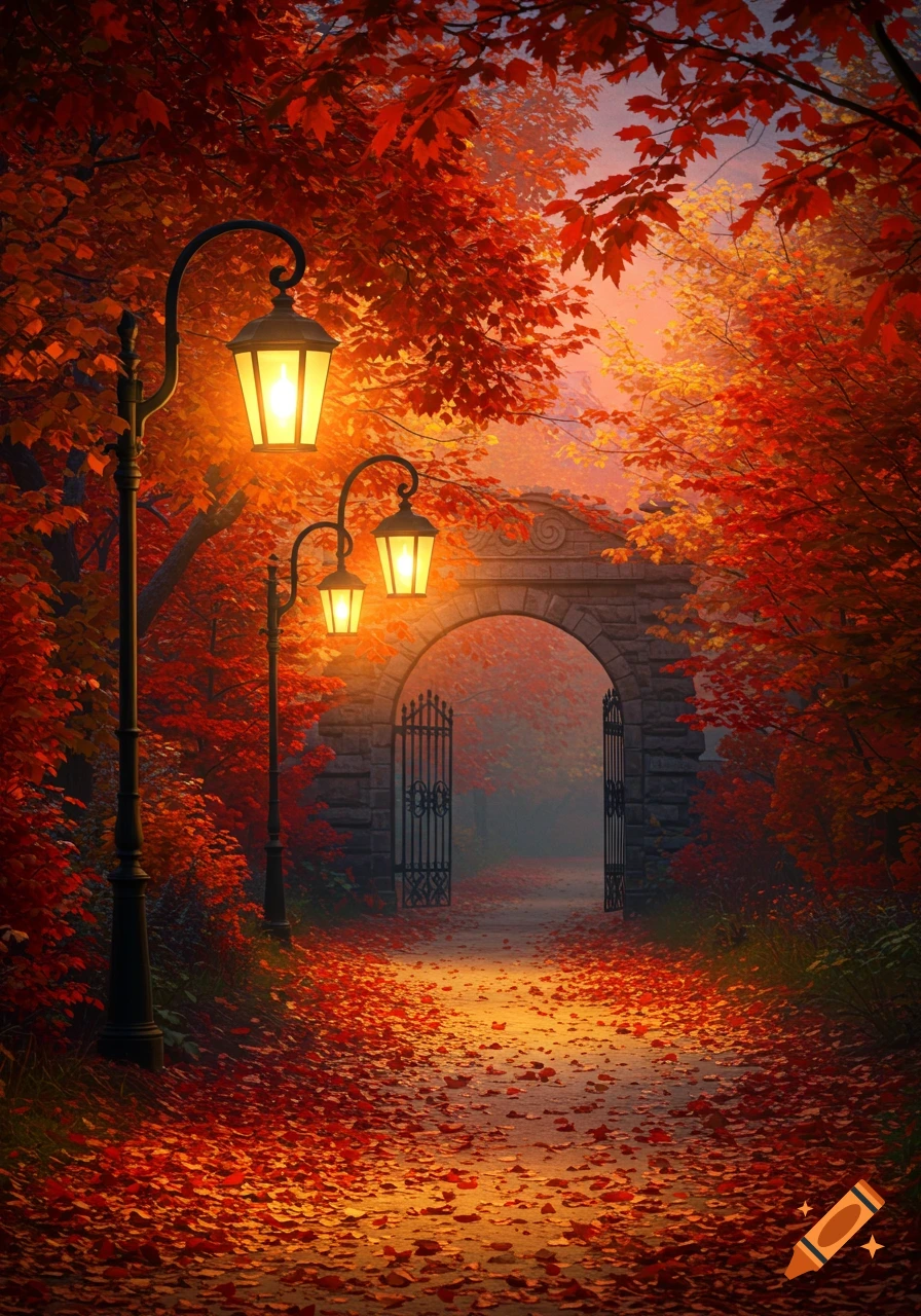 A vibrant autumn path lined with glowing lanterns and fiery red leaves, leading to a stone archway with open black iron gates at dusk.