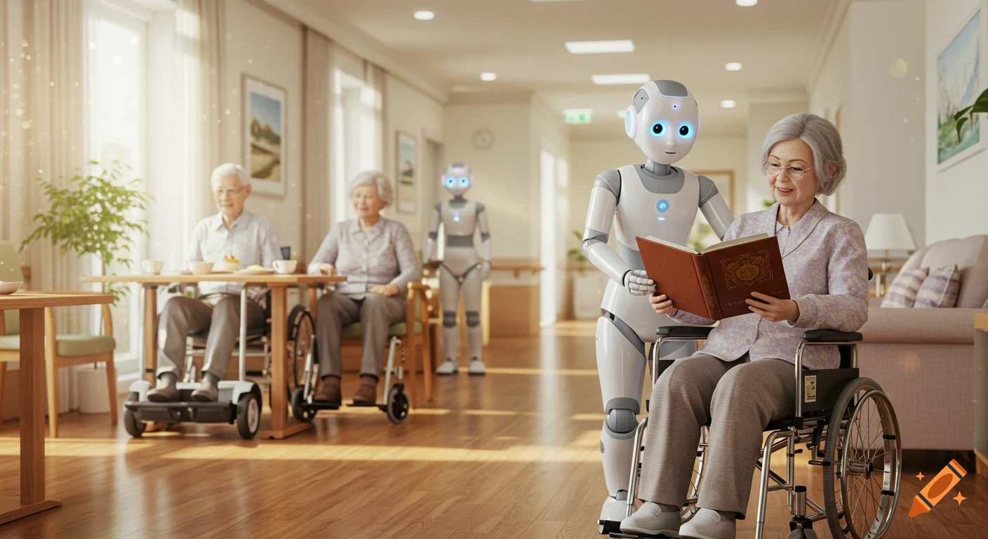 A robot reads a book to an elderly woman in a wheelchair while other robots and seniors are in a sunny nursing home, photorealistic style.