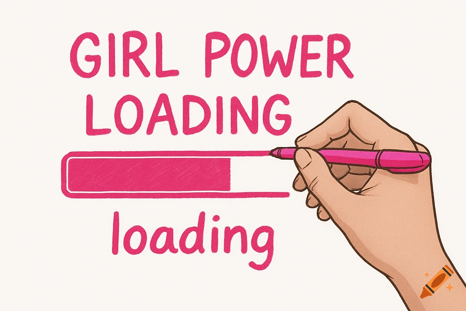 An illustration of a hand writing "GIRL POWER LOADING" and "loading" with a pink pen, filling a loading bar.