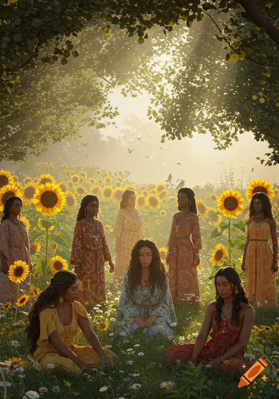 Multiple women in patterned dresses stand and sit in a sun-drenched field of sunflowers and wildflowers under leafy trees, photorealistic.