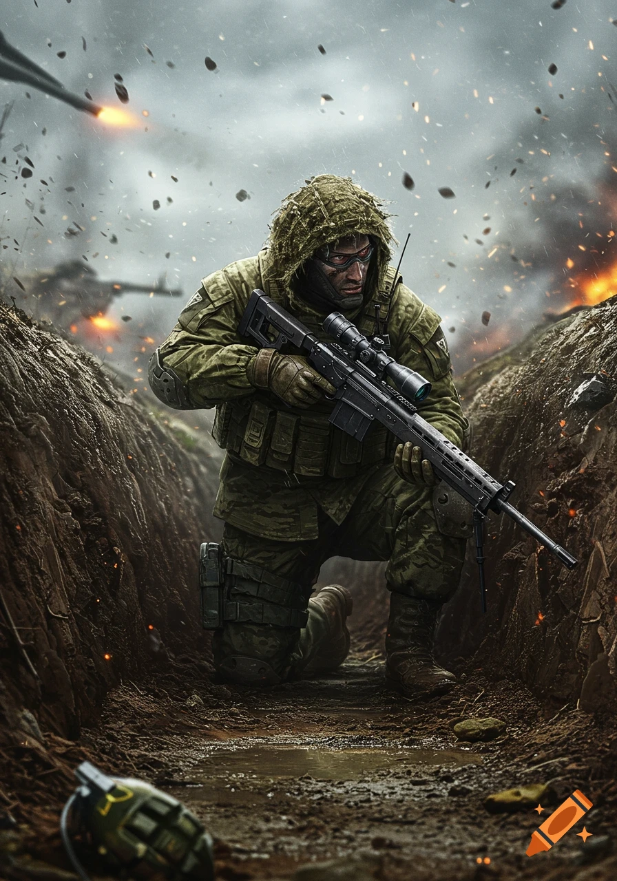 A soldier in camouflage kneels in a muddy trench, holding a sniper rifle, amidst falling debris and explosions in a war zone. A grenade lies in the foreground.