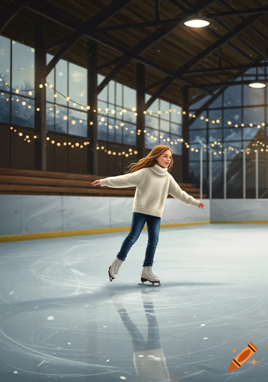 A young girl with long brown hair ice skates confidently on a brightly lit indoor rink, wearing a white sweater and jeans.