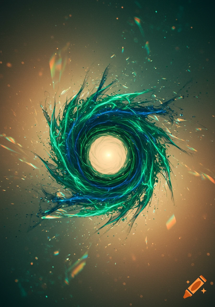 Vibrant blue and green abstract energy vortex with sparkling particles on a warm gradient background.