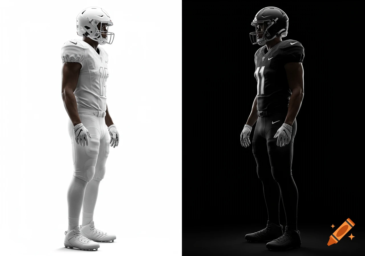 Side view of two identical American football players: one in a white uniform on a white background, one in a black uniform on a black background.