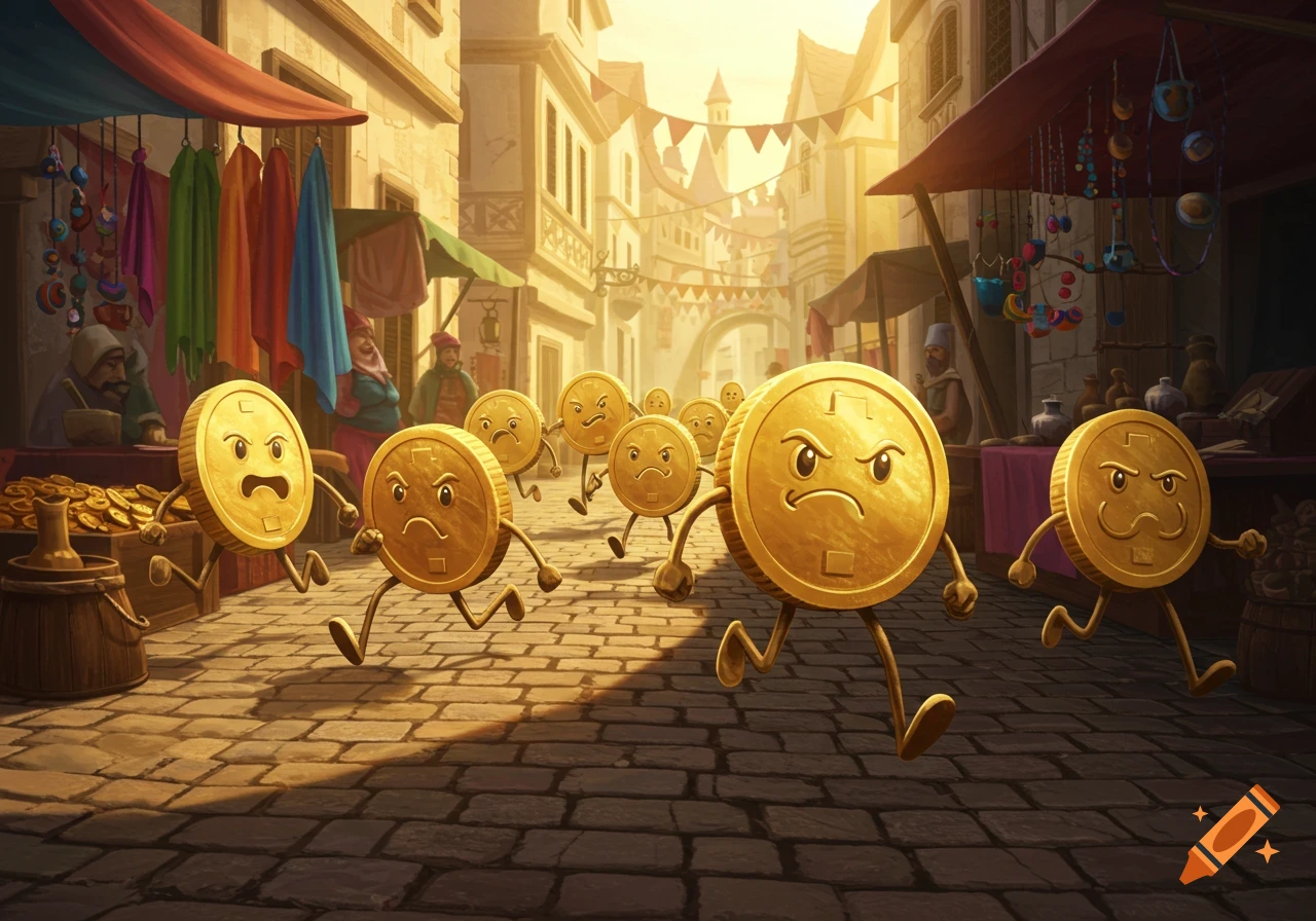 Cartoon gold coins with greedy faces and stick limbs run through a bustling medieval marketplace at sunset.