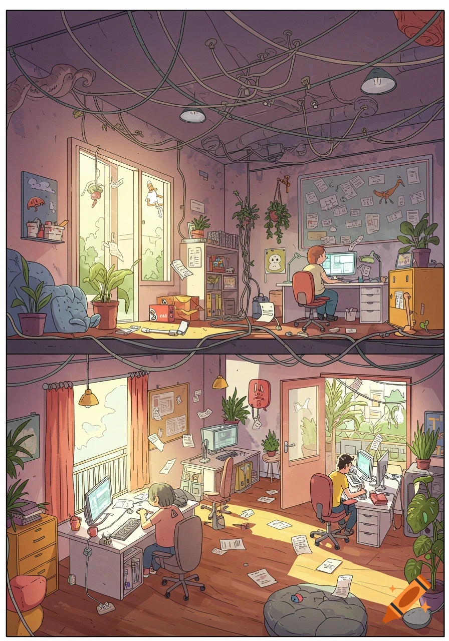 Detailed cartoon of a messy office with multiple people working at computers, wires everywhere, and papers flying.