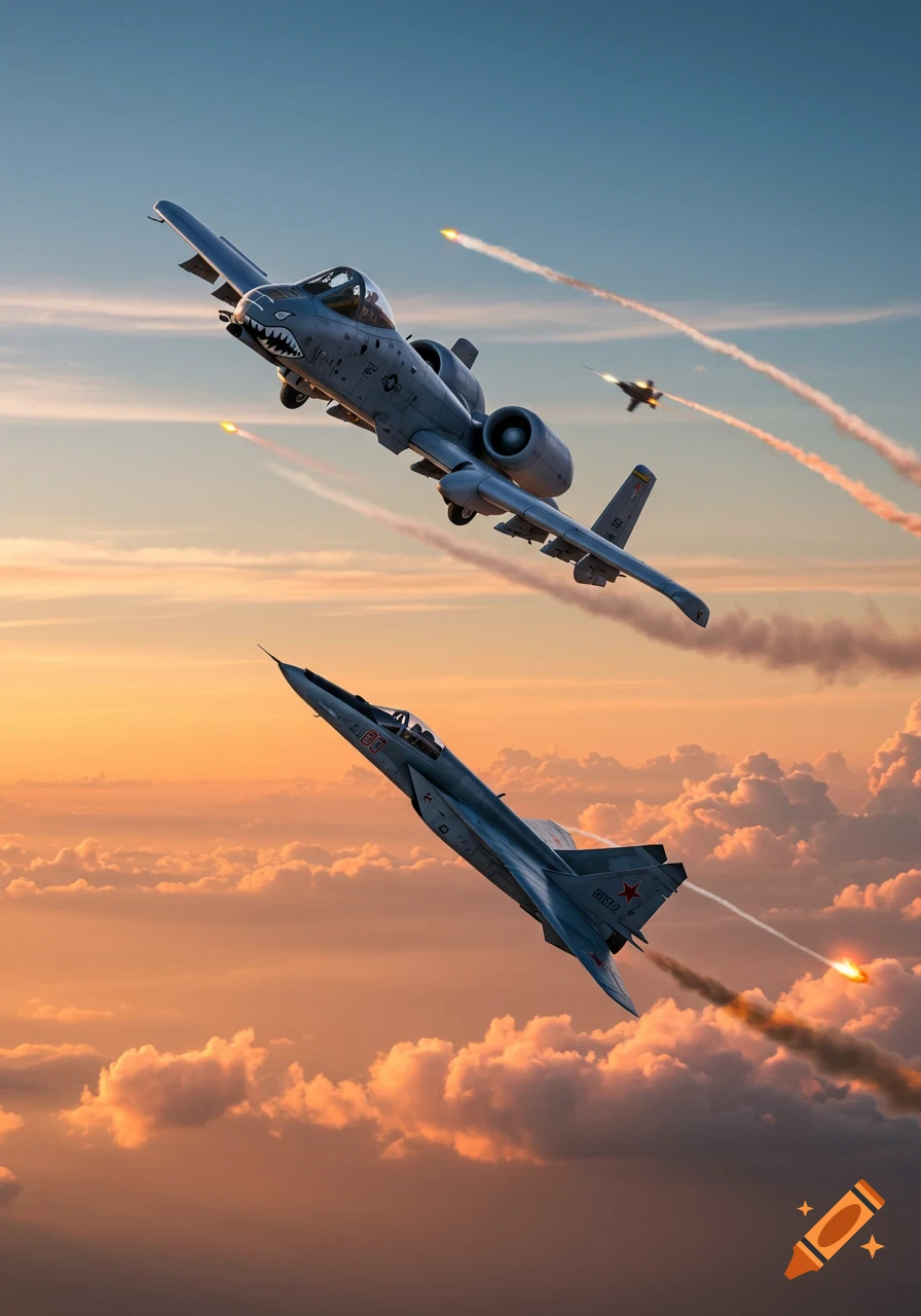 Photorealistic A-10 Warthog and Mig-25 jets dogfighting, firing missiles in a dramatic sunset sky with clouds.