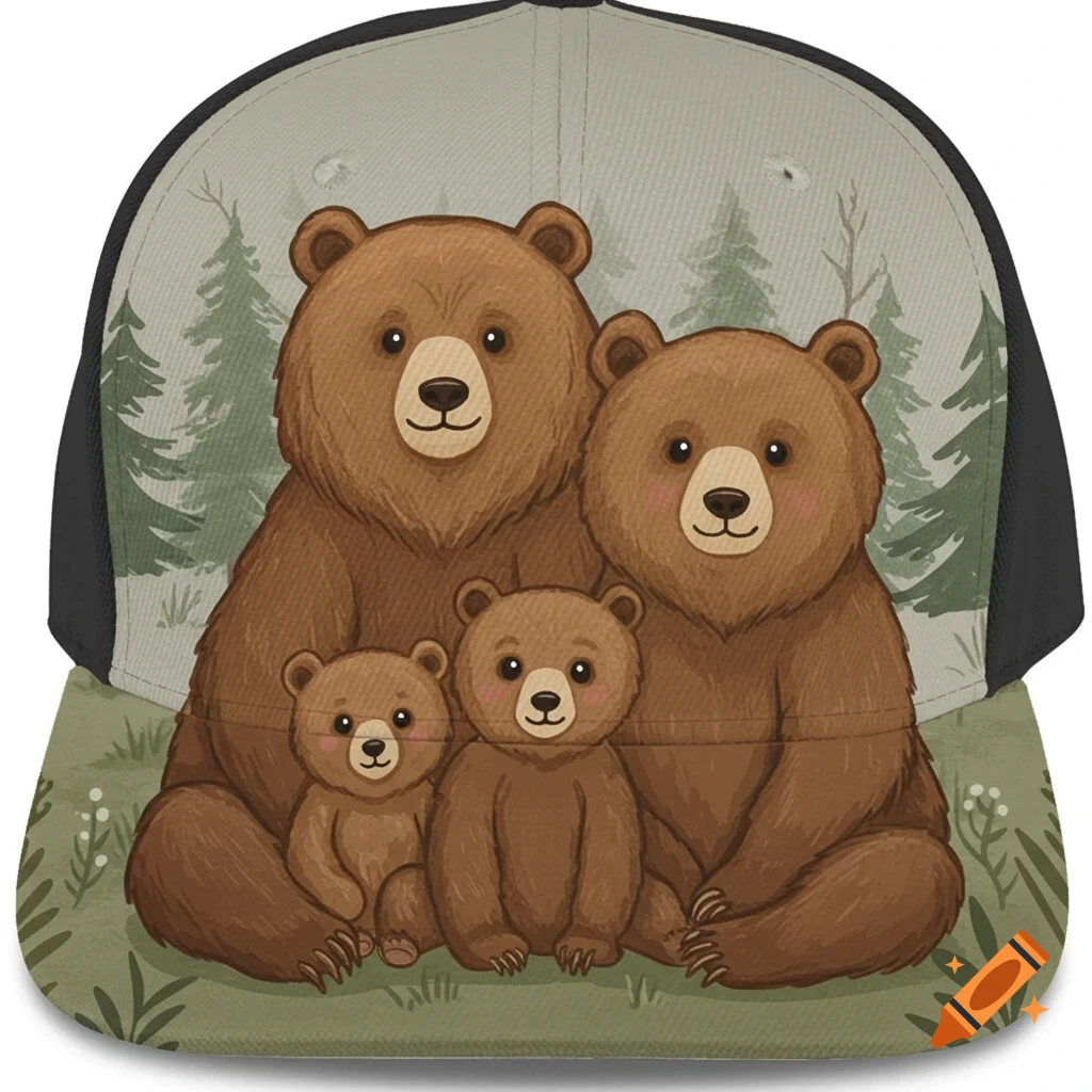 Cute cartoon bear family with two adult bears and two cubs sitting in a forest, printed on a baseball cap.