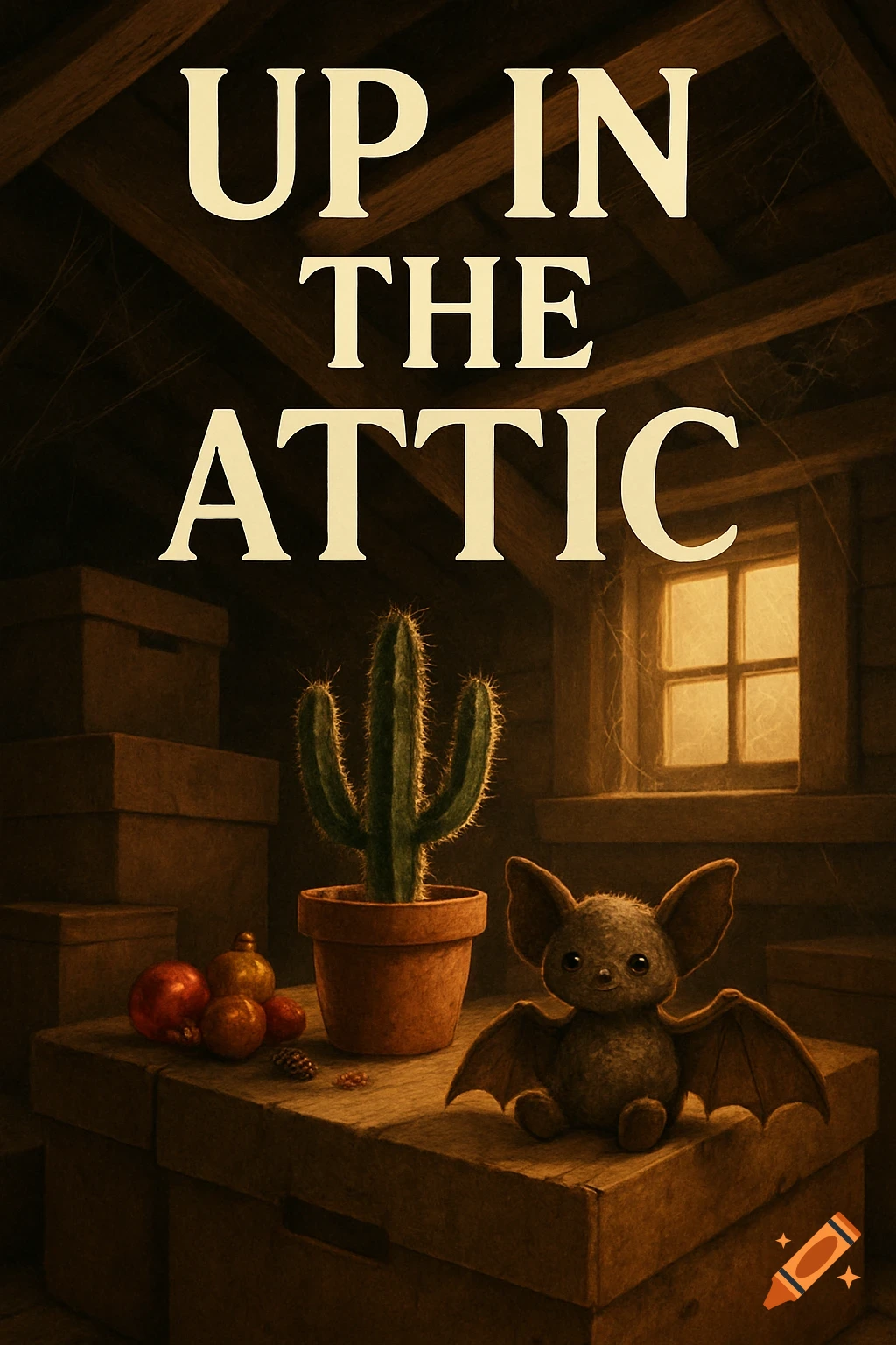 Illustration of a dusty attic with a potted cactus, a cute toy bat, Christmas ornaments, and text 'UP IN THE ATTIC'.