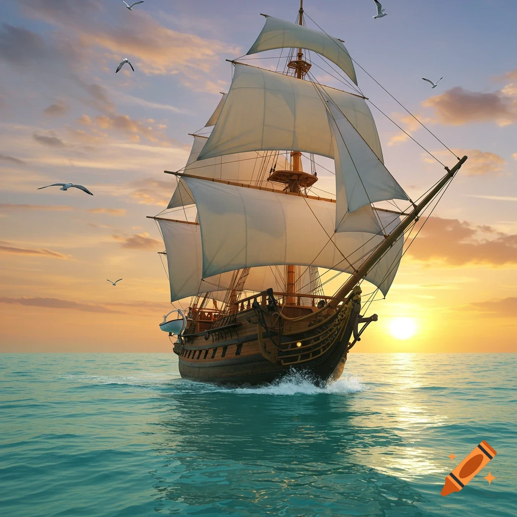 A large sailing ship with white sails on the ocean, heading towards a bright sunset with seagulls flying.