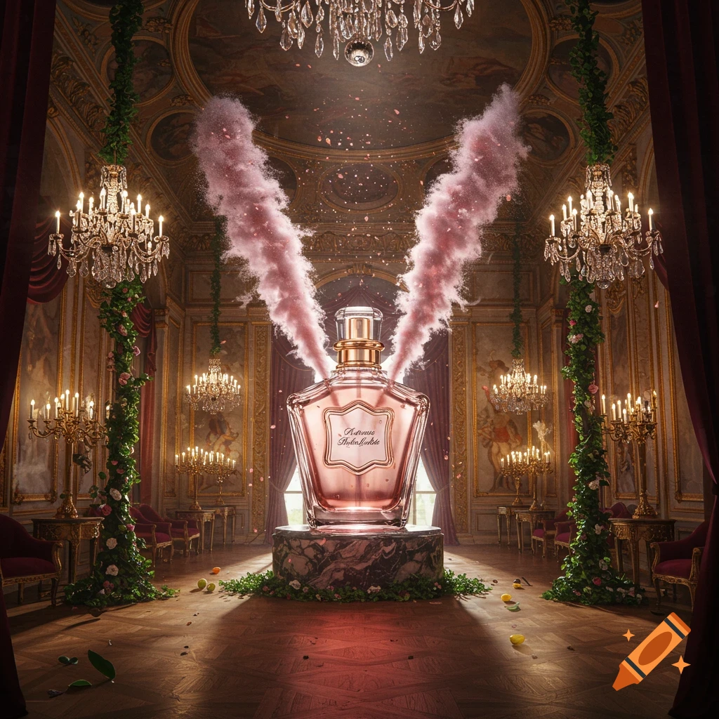 A large, ornate pink perfume bottle stands on a marble pedestal in a luxurious rococo hall with chandeliers, emitting pink smoke.
