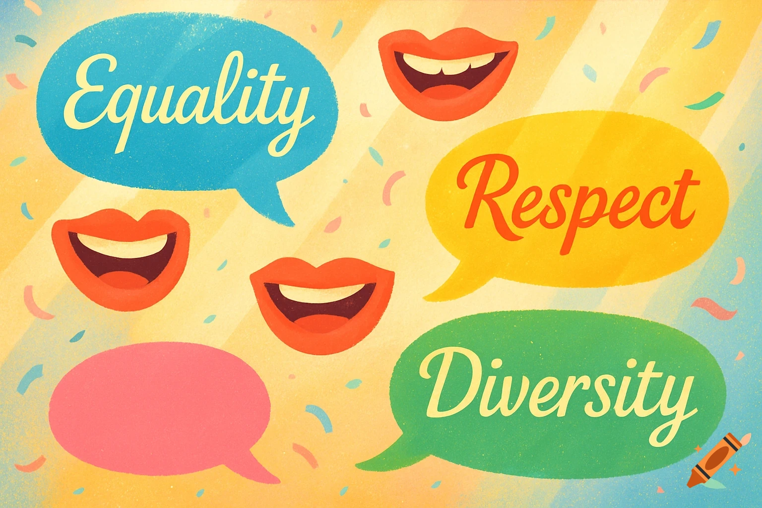 Colorful illustration with speech bubbles 'Equality', 'Respect', 'Diversity', smiling mouths, and confetti.