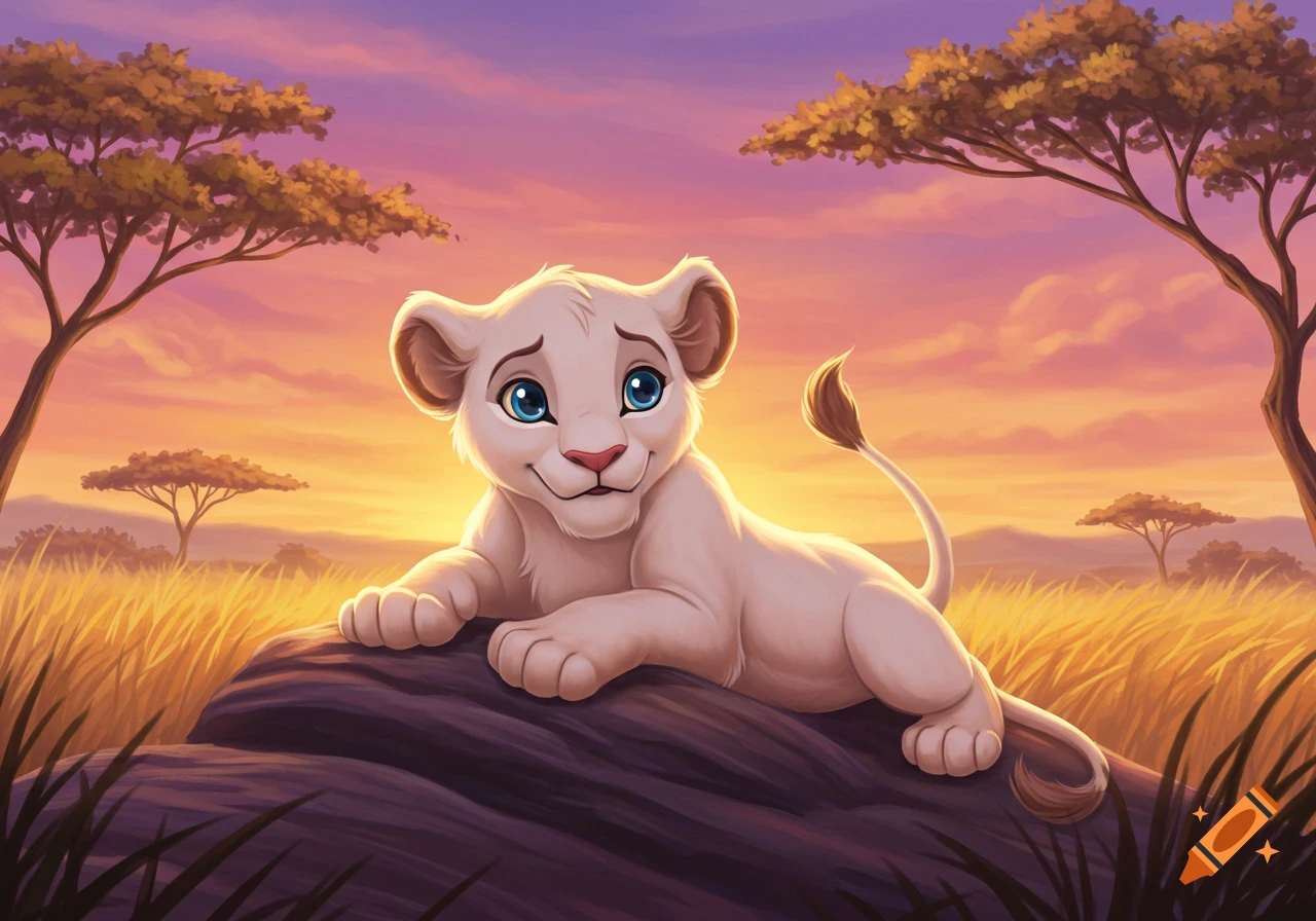 A cute white lion cub with blue eyes lies on a rock in a savanna landscape at sunset, in a cartoon style.