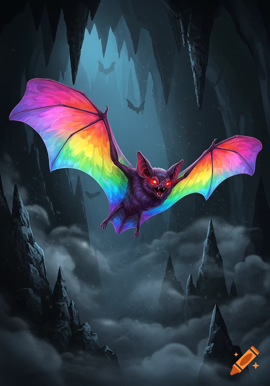 A vibrant, cartoonish bat with rainbow-colored wings and glowing red eyes flies through a dark, misty cave with stalactites.