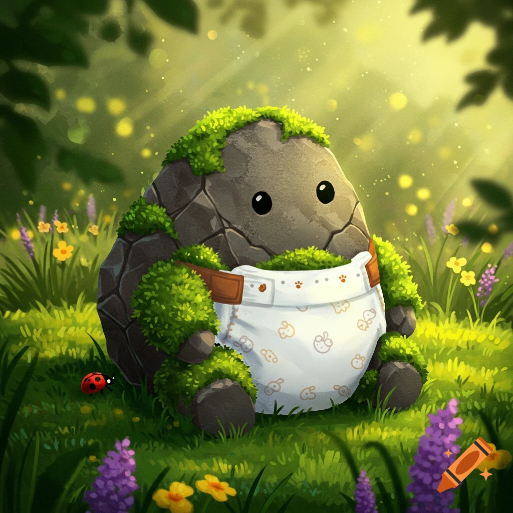 A cute, moss-covered rock creature with big eyes wears a patterned diaper while sitting in a magical, sunlit forest with flowers and a ladybug.