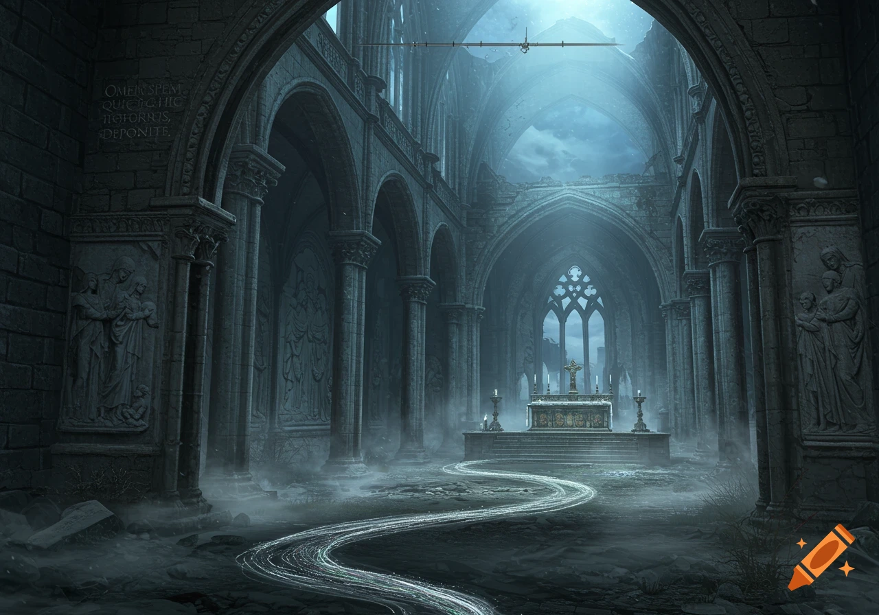 Dark, atmospheric interior of a ruined gothic cathedral with an altar, glowing path, mist, and intricate stone carvings.