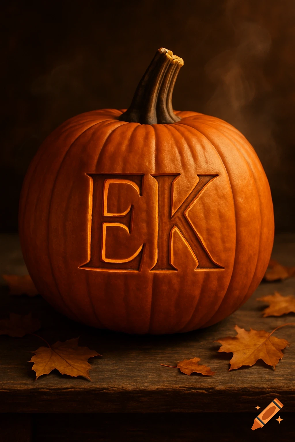 A photorealistic carved Halloween pumpkin with the letters EK glowing, on a wooden table with autumn leaves.