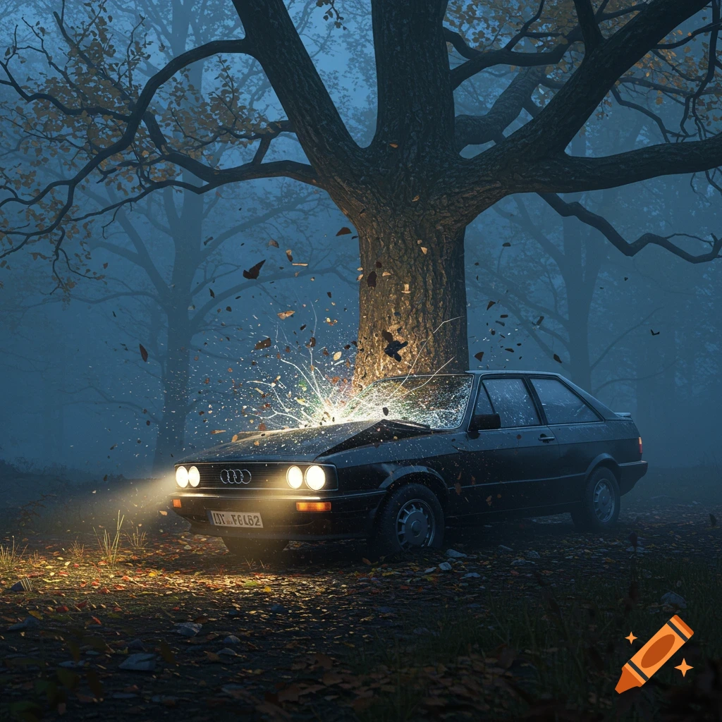 A black Audi car crashes into a large tree in a misty forest, shattered glass and leaves flying around the impact point, illuminated by headlights.