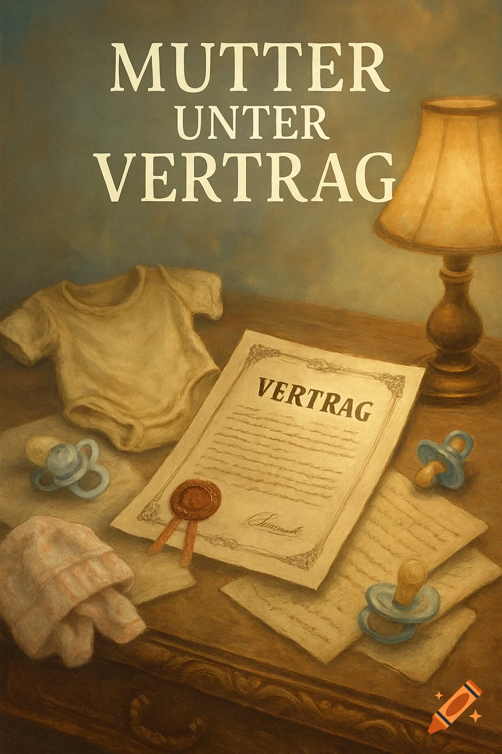 Painterly cover for 'MUTTER UNTER VERTRAG' with a baby onesie, pacifiers, and a contract on a wooden desk.