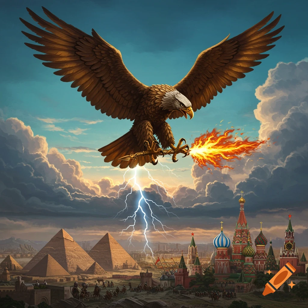 A majestic eagle with spread wings flies over a landscape featuring Egyptian pyramids and Moscow's St. Basil's Cathedral, clutching fire and lightning in its talons.