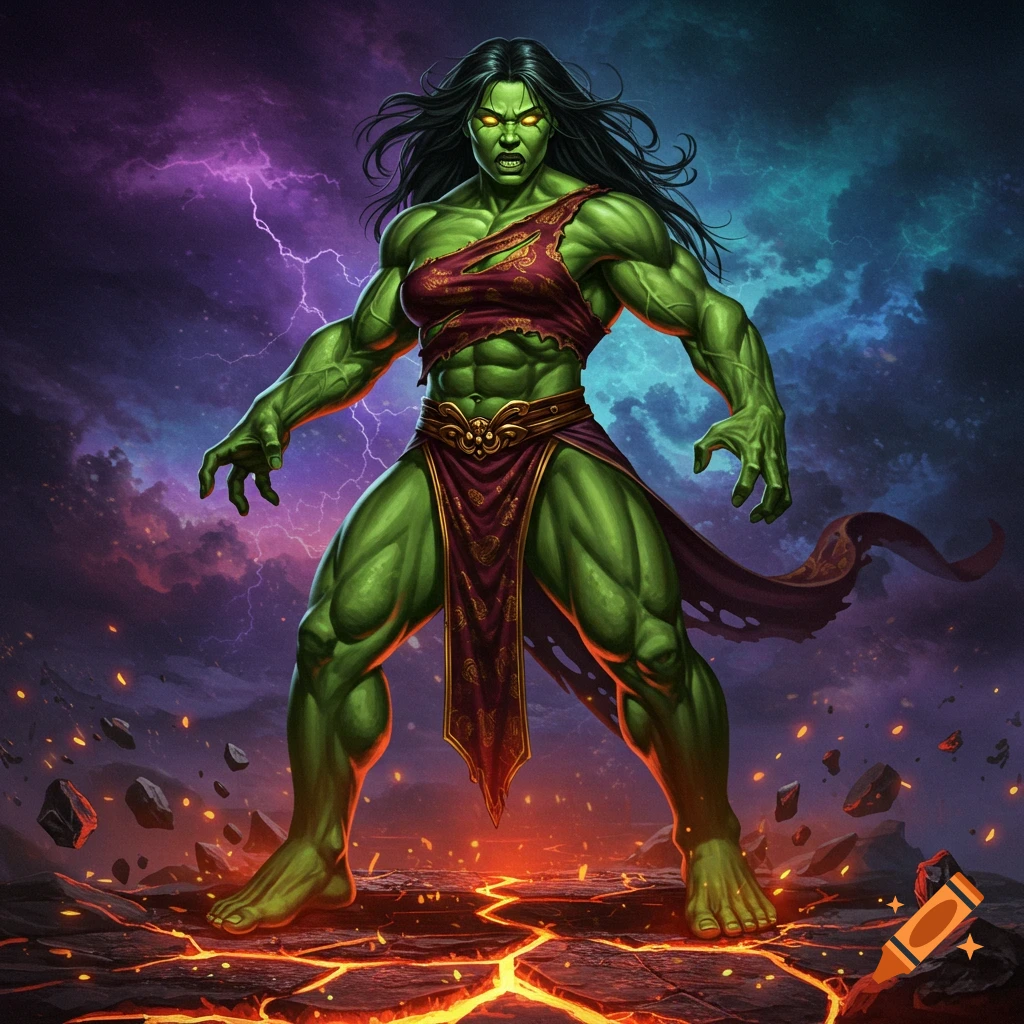 A muscular green woman in torn clothes stands on cracked, glowing ground under a stormy, lightning-filled sky in a comic book art style.