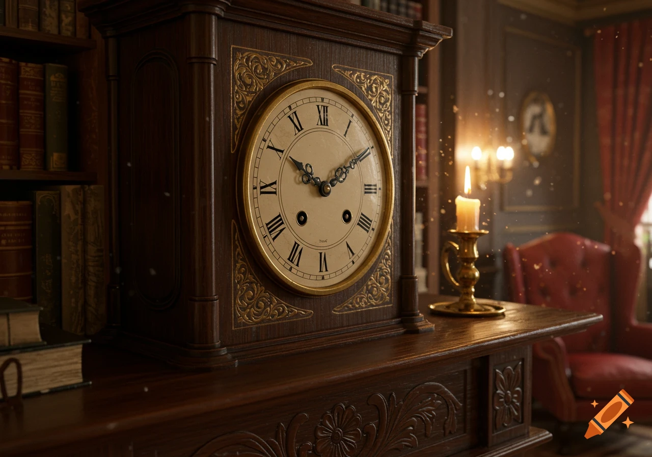An ornate dark wooden mantel clock with Roman numerals on a table with a lit candle and books in a cozy, dimly lit room.