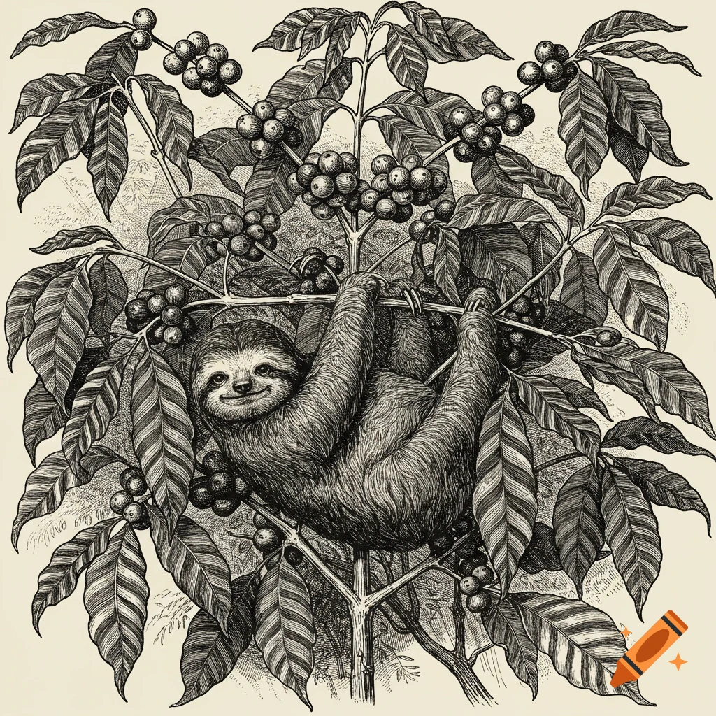An engraved illustration of a happy sloth hanging from a coffee plant laden with berries and leaves.