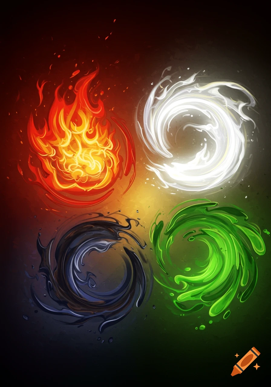 A stylized illustration depicting four swirling elemental forces in a quad layout: vibrant red and orange fire, bright white ethereal energy, dark blue liquid, and vivid green plant matter, all on a dark, gradient background.