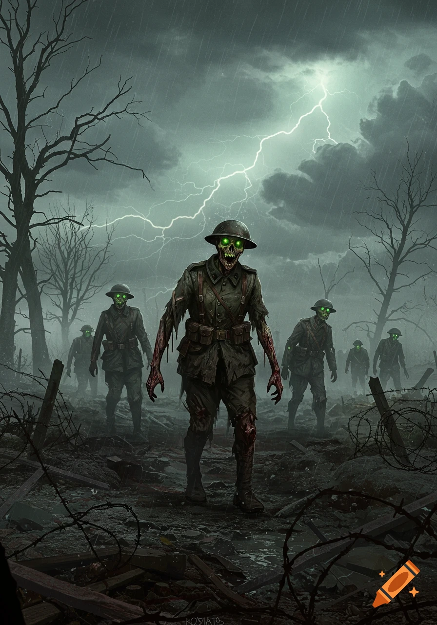 Zombie soldiers with glowing green eyes and rotting flesh in WWI uniforms on a stormy, lightning-struck battlefield with barbed wire.