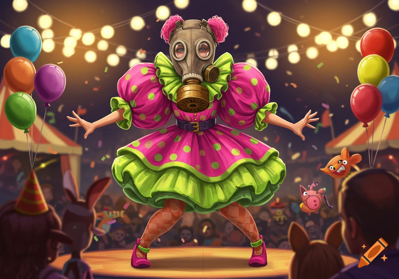 A whimsical illustration of a clown in a pink polka-dot dress and a gas mask performing on a circus stage with balloons and confetti.