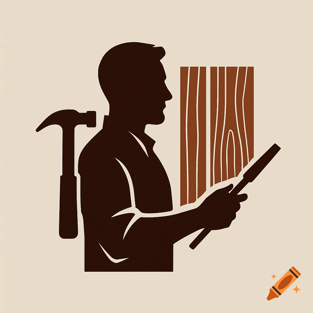 Dark brown silhouette logo of a craftsman with a hammer, chisel, and wooden planks on a light background.