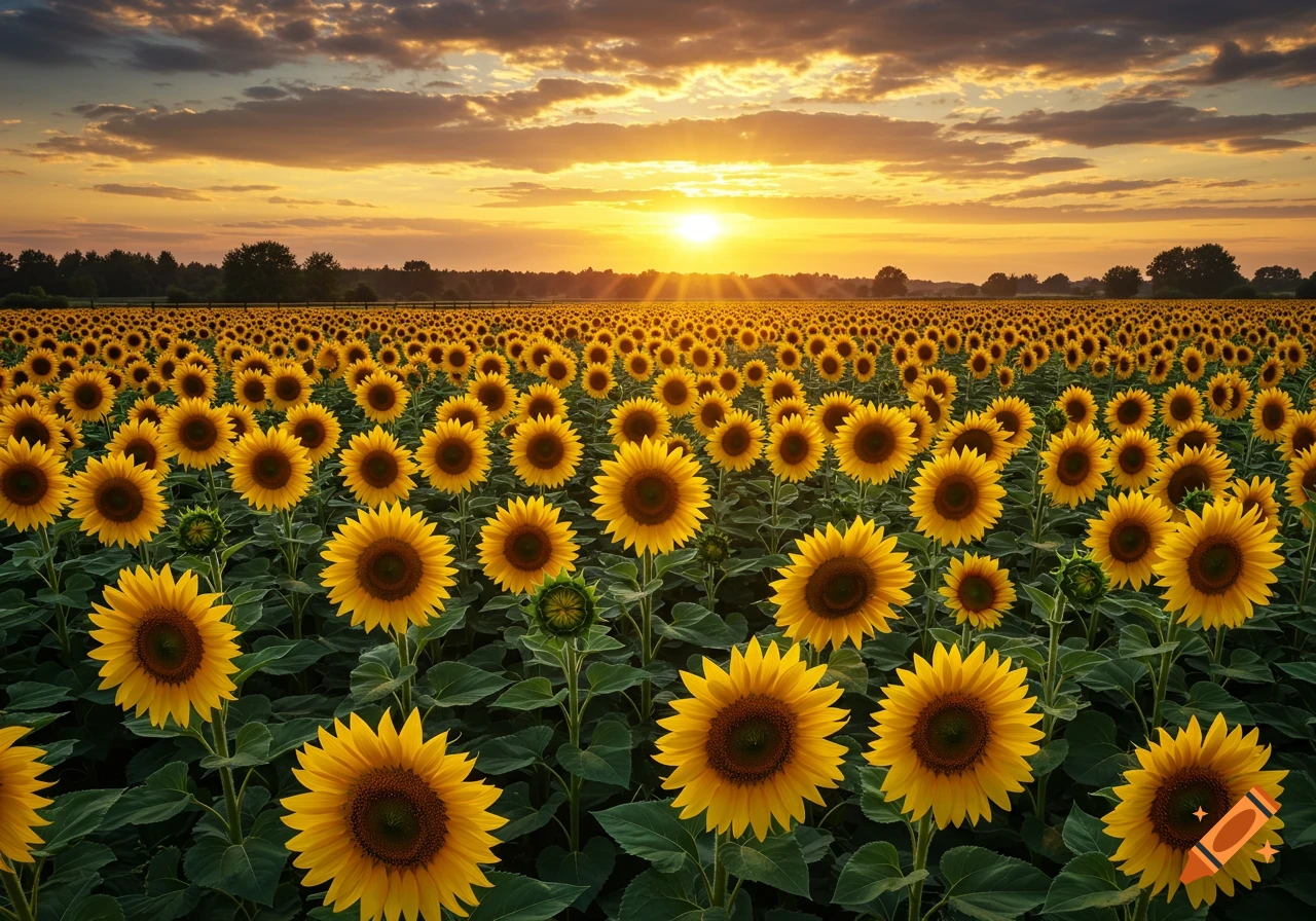 Photorealistic image of a vast sunflower field bathed in golden light during sunset, with dark clouds and trees in the distance.