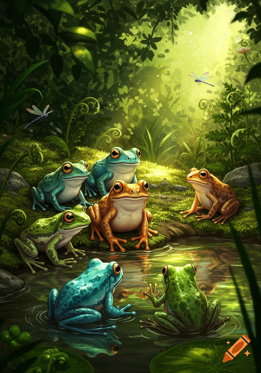 Cartoon-style frogs in various colors sit by a stream in a lush, sun-dappled jungle, with dragonflies flying.