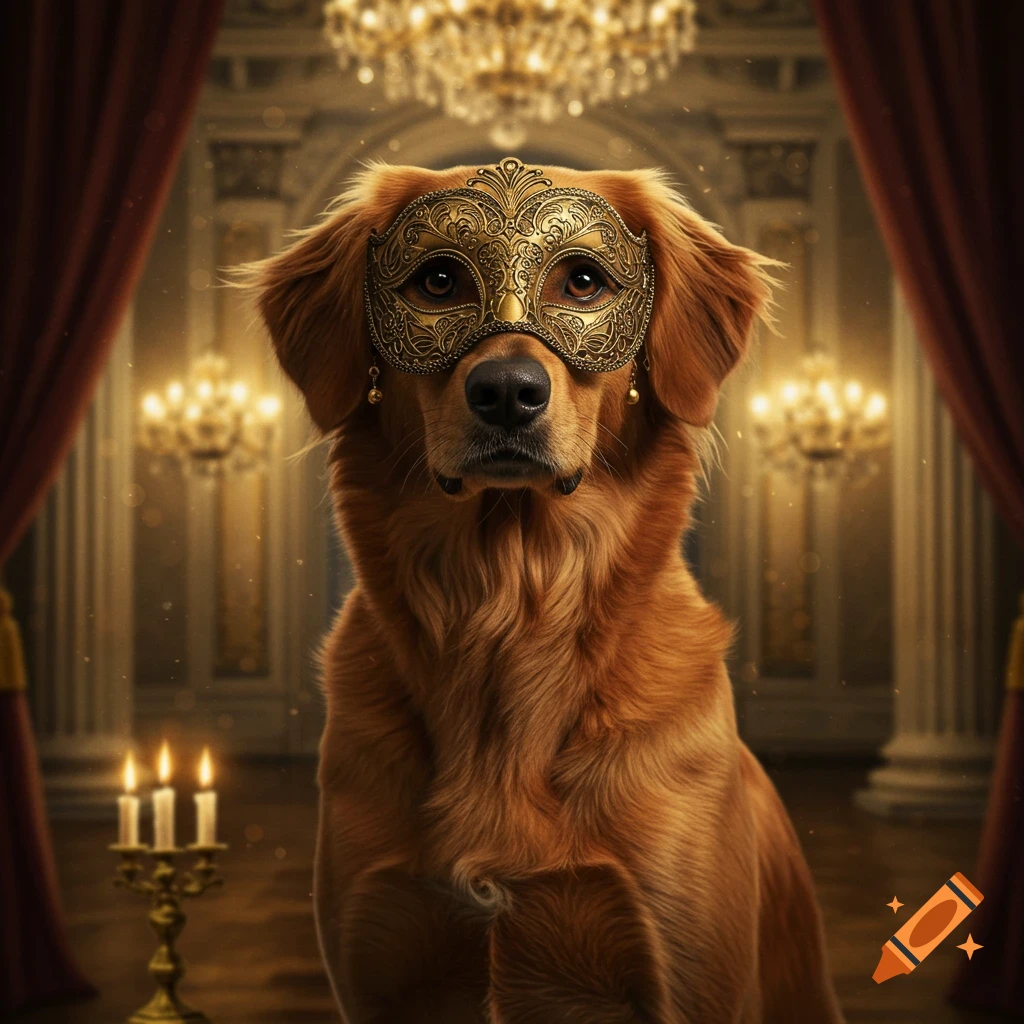 A golden retriever wearing an ornate gold Venetian mask in a luxurious, dimly lit room with chandeliers and red drapes.