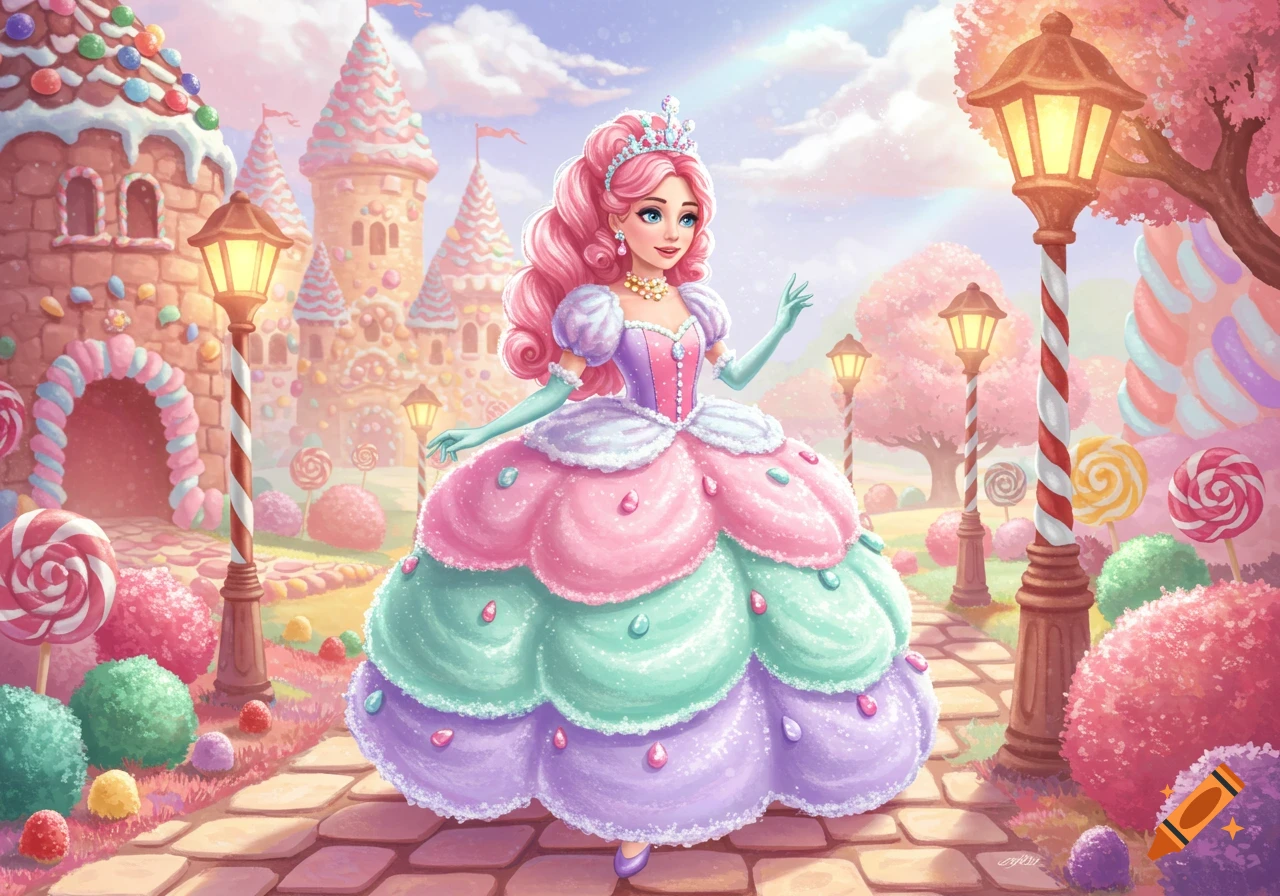 A cheerful princess in a colorful gown stands in a vibrant candy land with a castle and lollipop trees in an illustrative style.