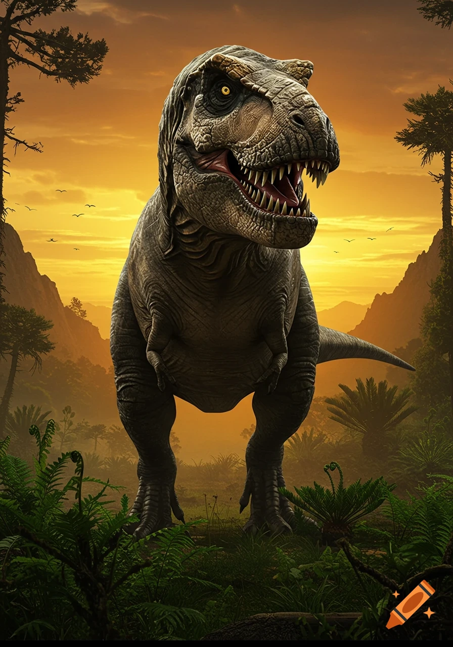 A photorealistic T-Rex with its mouth open, roaring in a lush prehistoric jungle at sunset.