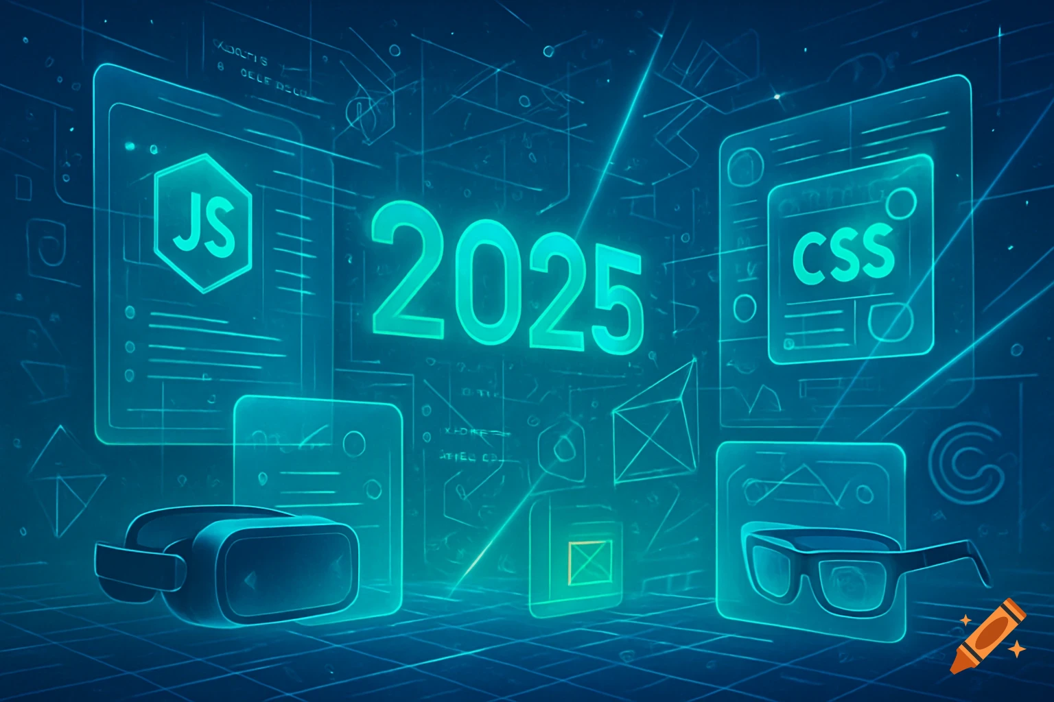 Futuristic digital interface with glowing 2025, JS, CSS, VR headset, and glasses on a circuit board background.