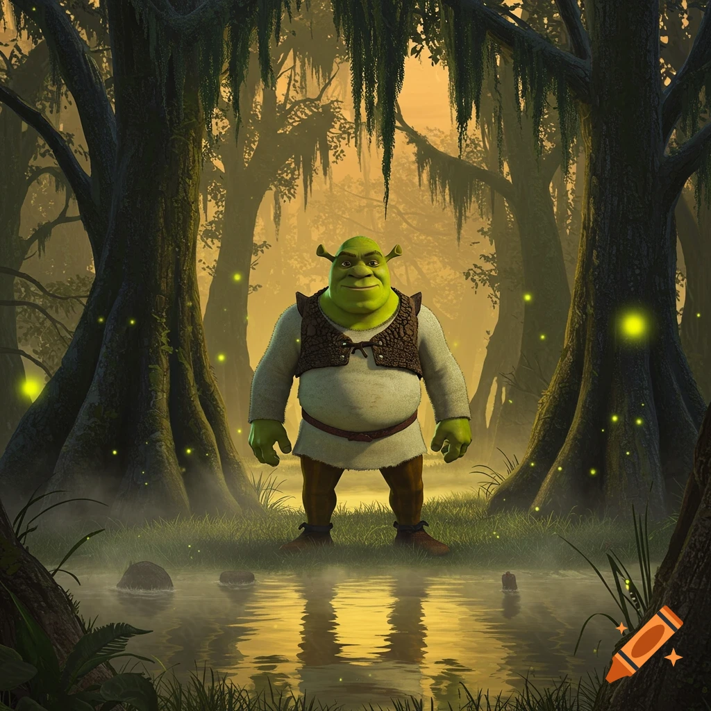 Shrek stands in a misty swamp with towering trees and glowing fireflies, reflecting in golden water.