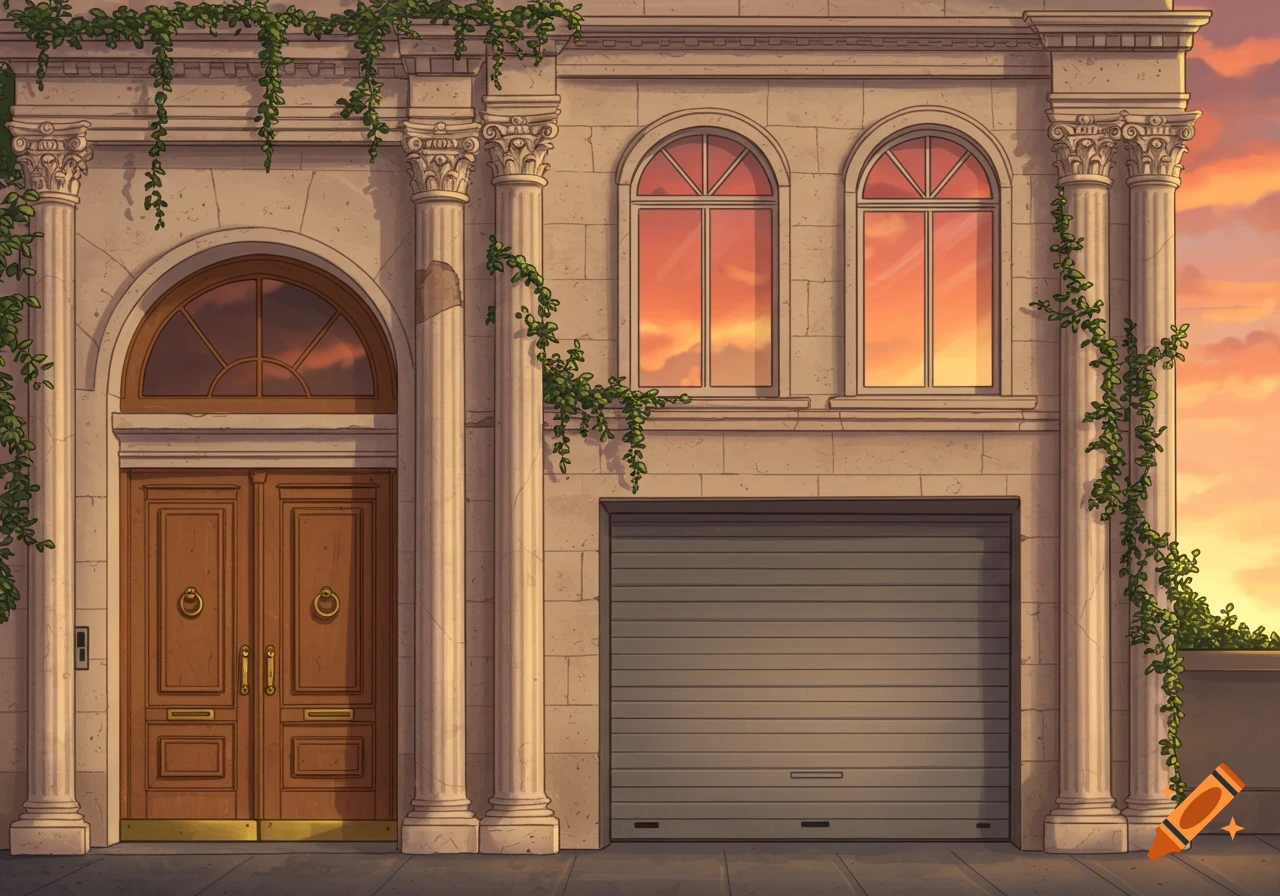 A stylized Roman facade building with a wooden door, an electric garage door, and two windows reflecting an orange sunset, adorned with green ivy.