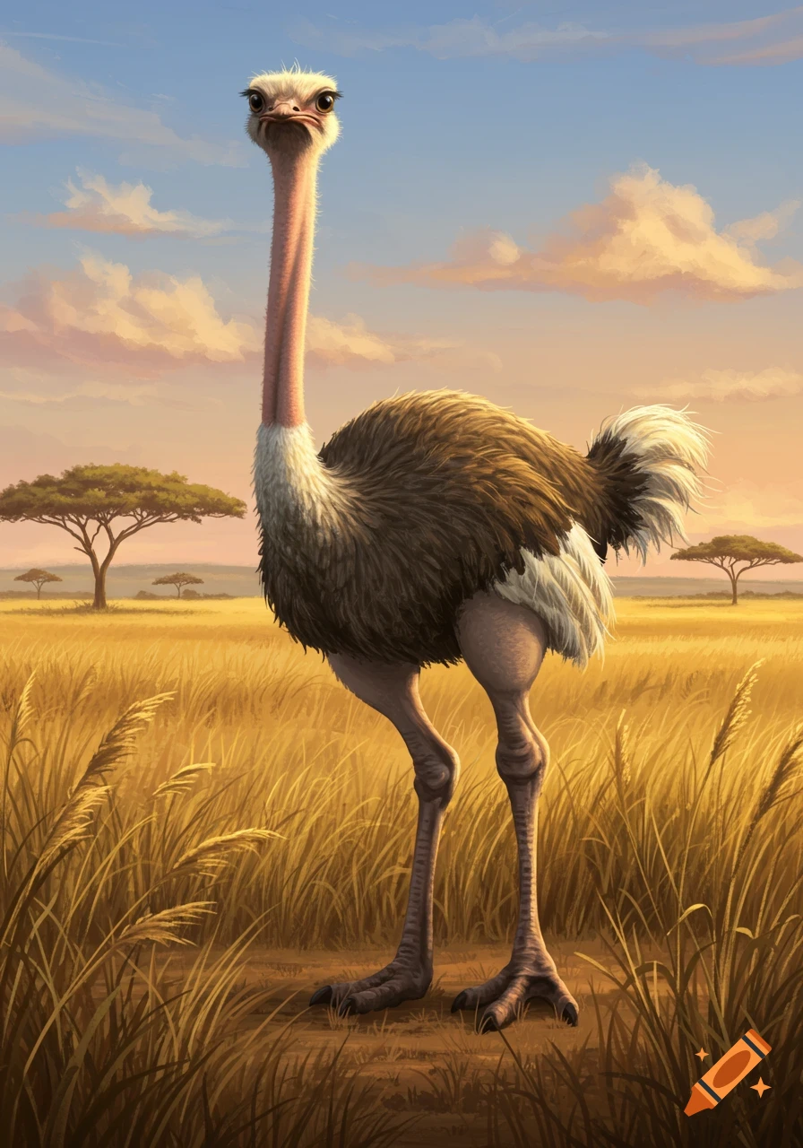 A stylized illustration of an ostrich standing in a golden savanna landscape under a partly cloudy sky at sunset.