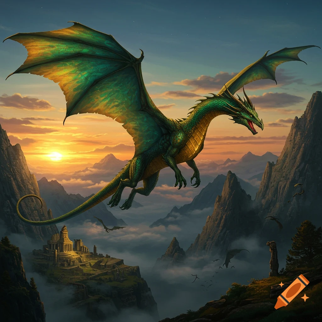 A large green and gold dragon with huge wings flies over misty ...