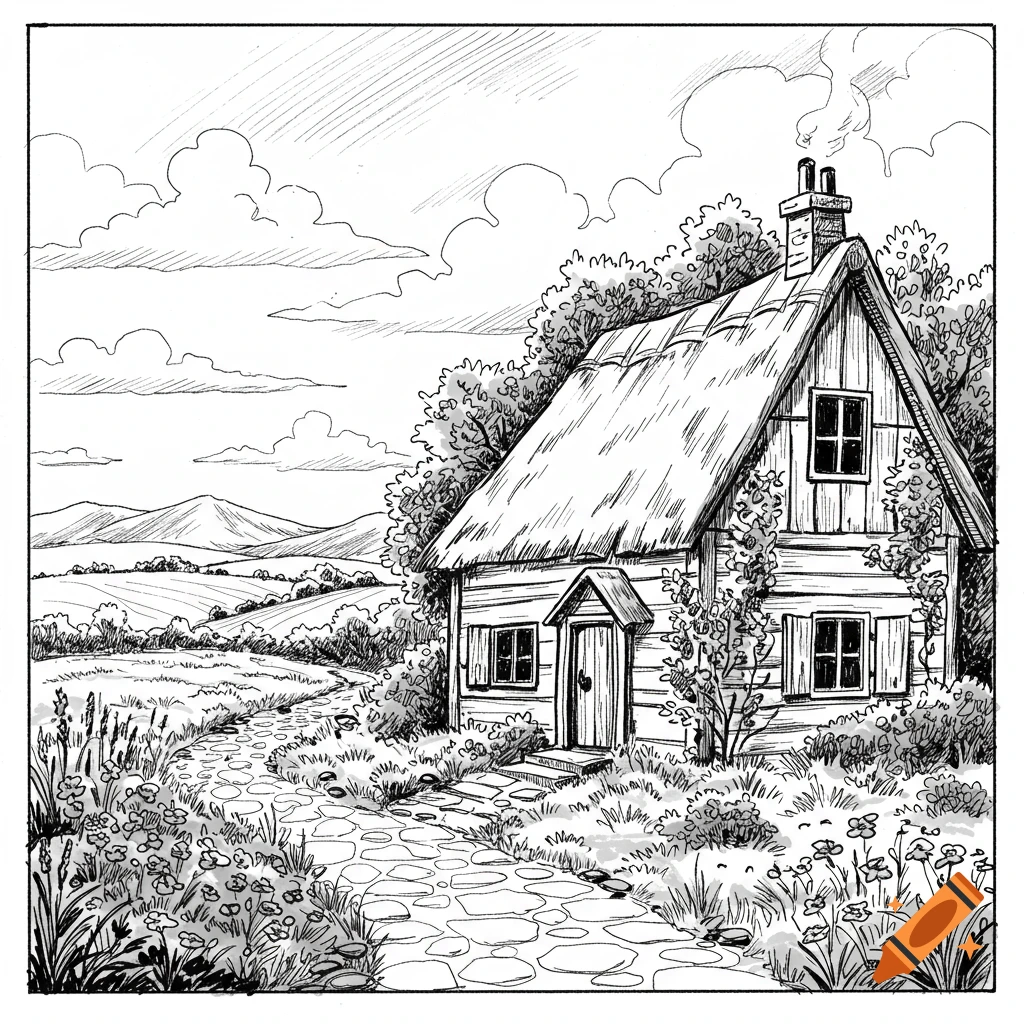 Black and white sketch of a rustic thatched cottage with a stone path through a field of wildflowers and rolling hills.