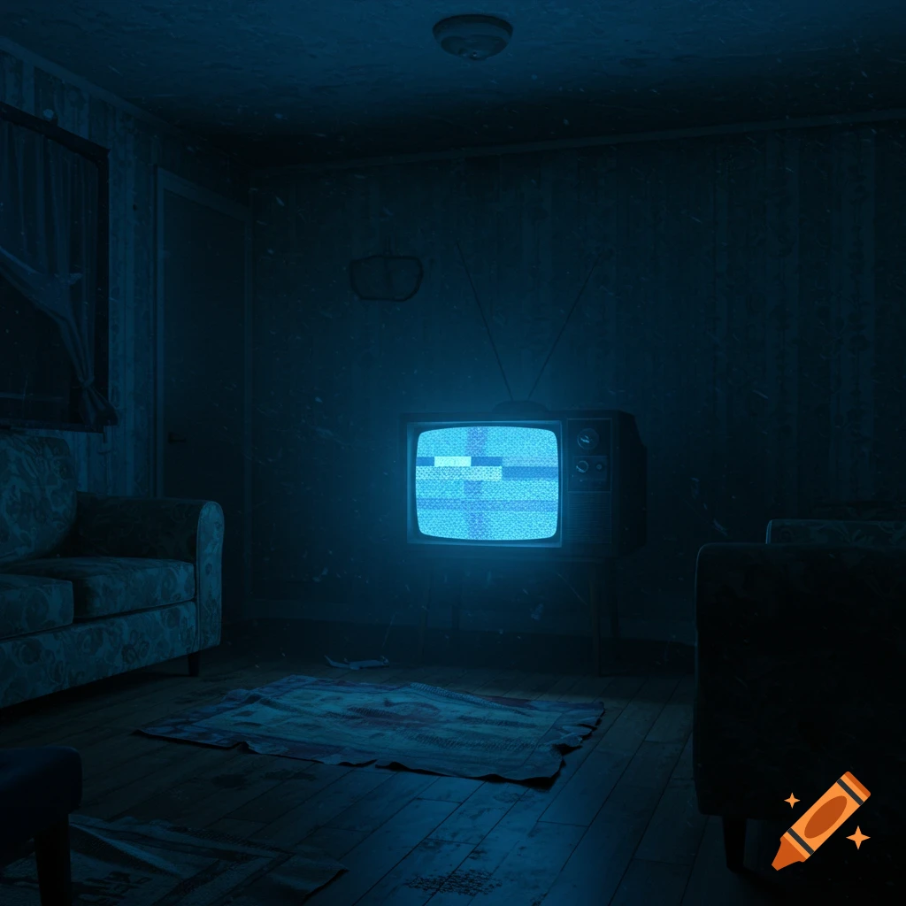 An old television displaying static glows in a dimly lit, dark room with a patterned couch and rug.