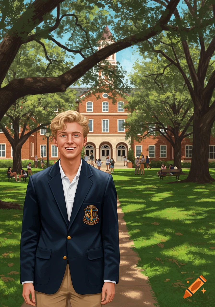 Smiling blonde male student in a dark blue blazer with a crest, standing on a university campus path with a brick building and trees in the background, digital painting.